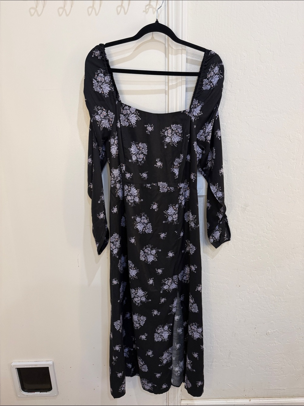 Anthropologie Black Dress with Light Purple Floral Print, Long Sleeve Midi